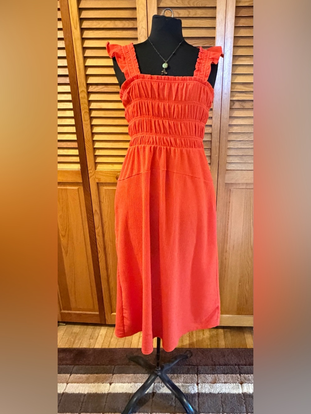 Old Navy Dress Orange Women’s XS Smocked Midi Ruffle Sleeve Cottagecore